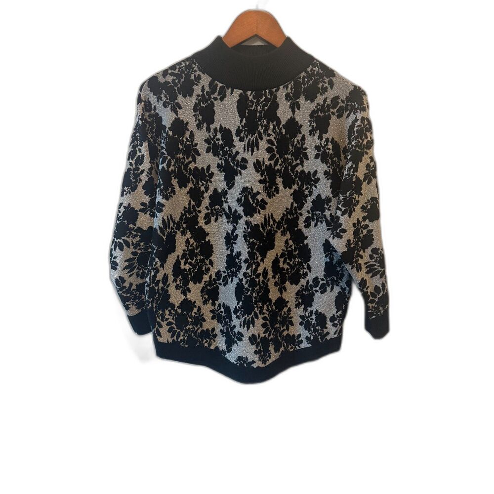 Adrienne Vittadini Black Silver Metallic Floral Mock Neck Sweater Size M